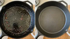 Die Pfanne ist in Sekundenschnelle von Fett und Verbrennungsrückständen befreit: Ein günstiges Mittel aus der Apotheke hilft dabei